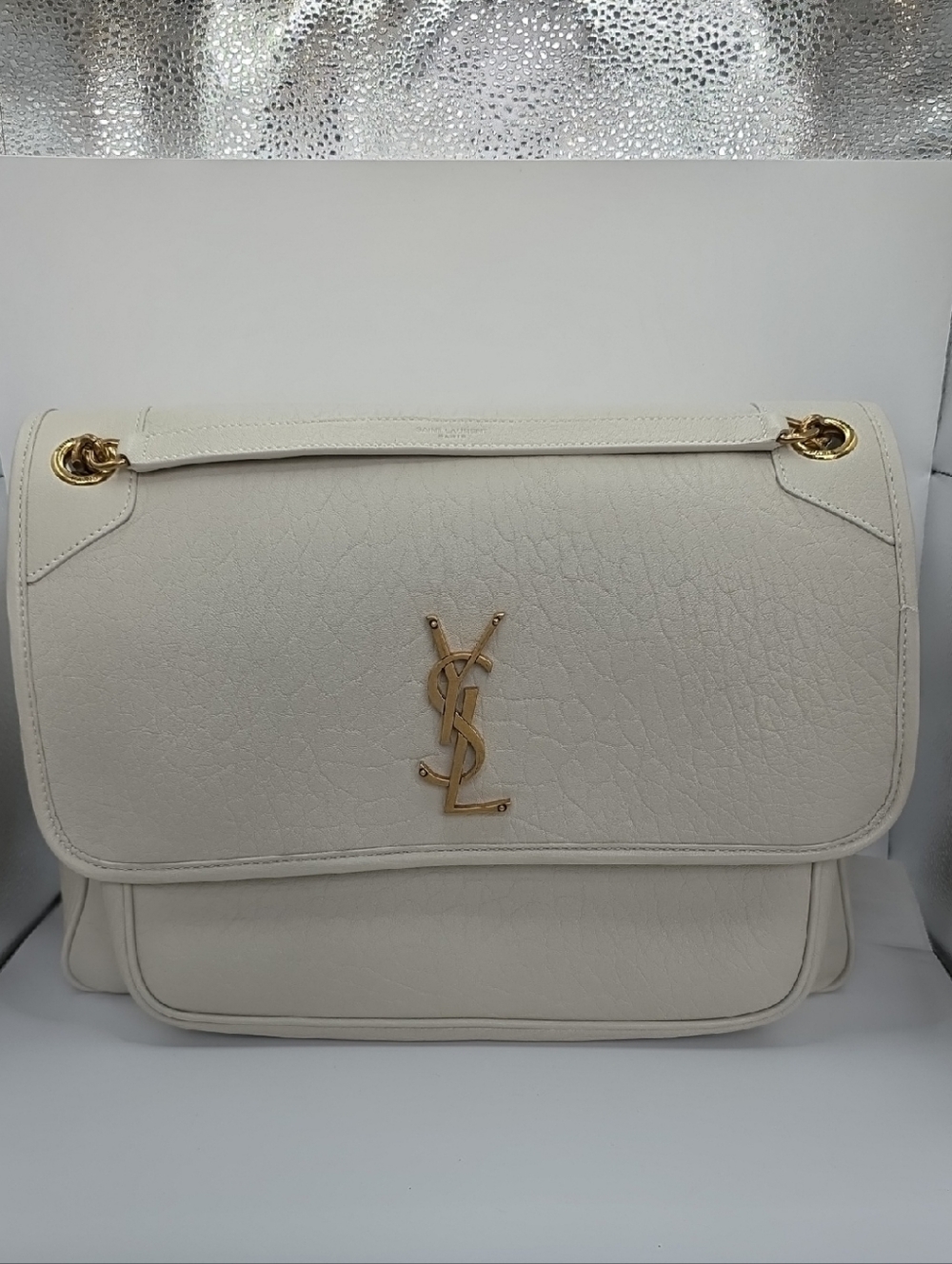 Saint Laurent Cream Leather Shoulder Bag with Gold Hardware